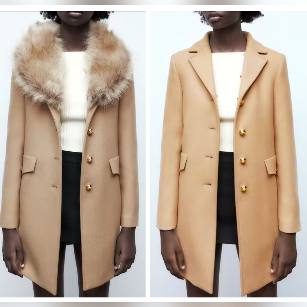Zara straight coat faux fur collar wool blend gold buttons manteco